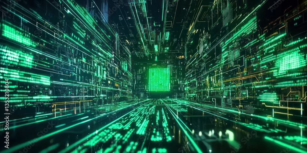 Aufkleber a futuristic ai interface with glowing green code, resembling a virtual reality system