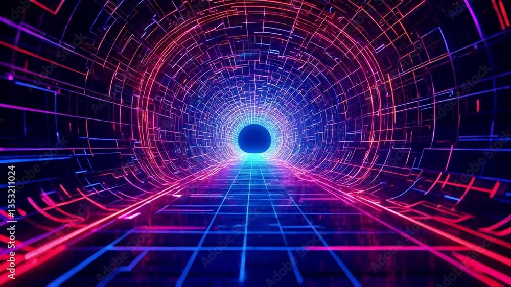 Poster vibrant 3d tunnel of neon lights and digital grids pulsating pattern of energy and motion