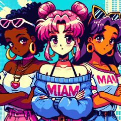 Niñas en un estilo pixelado colorido de dibujos animados, realizadas en formato de gráficos vectoriales EPS10, con tonos vivos y un diseño juguetón, perfectas para proyectos infantiles e ilustraciones