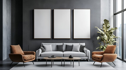 grey wall with empty poster hanging in living room mockup.ai 