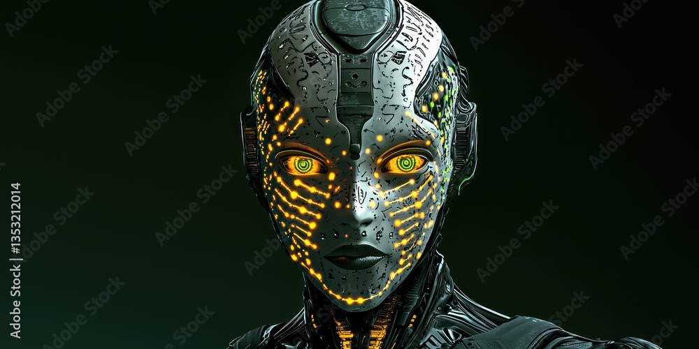 Aufkleber a futuristic portrait of a humanoid ai robot with glowing cybernetic patterns on its face