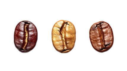 Coffee Bean Trio: A close-up shot of three roasted coffee beans, showcasing a range of colors from light golden to dark brown, capturing the variations in the roasting process