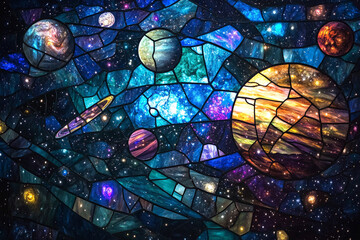Colorful stained glass depiction of planets and galaxies in a cosmic scene