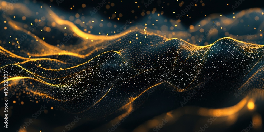 Poster a glamorous design with shimmering gold dust particles softly floating against a dark background