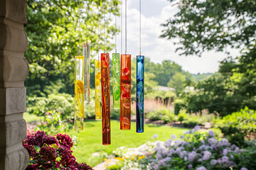Harmonious Serenity: A Kaleidoscopic Wind Chime In a Tranquil Garden Setting Radiates Peace and Relaxation