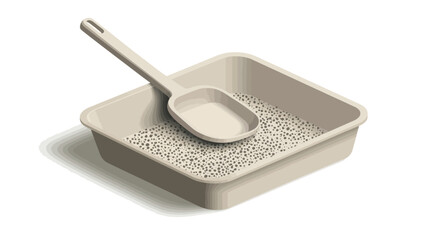 A high-angle, close-up studio shot depicts a beige, square-shaped plastic pet litter box partially filled with light-colored granules. A matching beige plastic scoop rests inside the box. The image