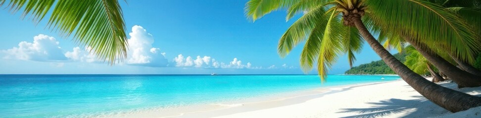 Palm trees swaying gently in warm breeze beside crystal clear turquoise ocean waters surrounded by fine white sandy beach, relaxation, ocean