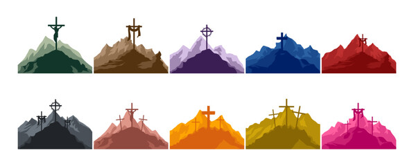 Set of easter sunday landscape silhouette. Easter illustration with mount Calvary and a silhouettes of three crosses at sunset. Vector isolated.