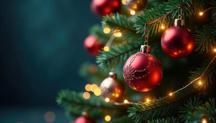 Shimmering Christmas tree decorated with glass balls and twinkling string lights, baubles, shiny lights, winter