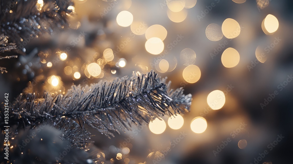 Poster a close-up of a frosted pine branch adorned with shimmering lights, creating a festive atmosphere du