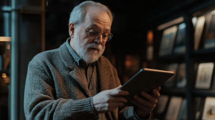 Senior man using tablet in art gallery or museum