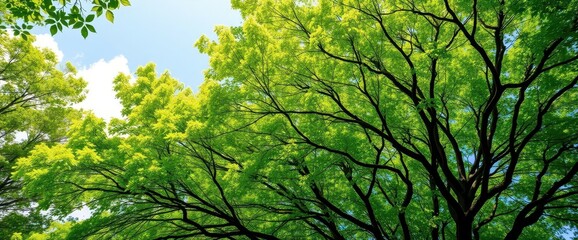 Fototapeta premium Lush green tree canopy under a bright summer sky, fresh, vibrant, bright