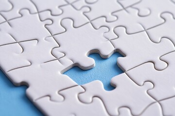 Close-up of incomplete white jigsaw puzzle on blue background. (1)