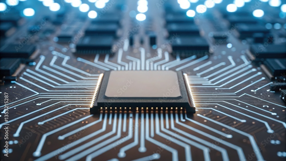 Poster detailed circuit board featuring a chip highlighting advancements in ai driven nanotech applications