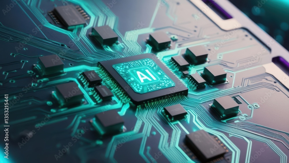 Poster circuit board featuring a micro processor with glowing patterns indicating advanced technology