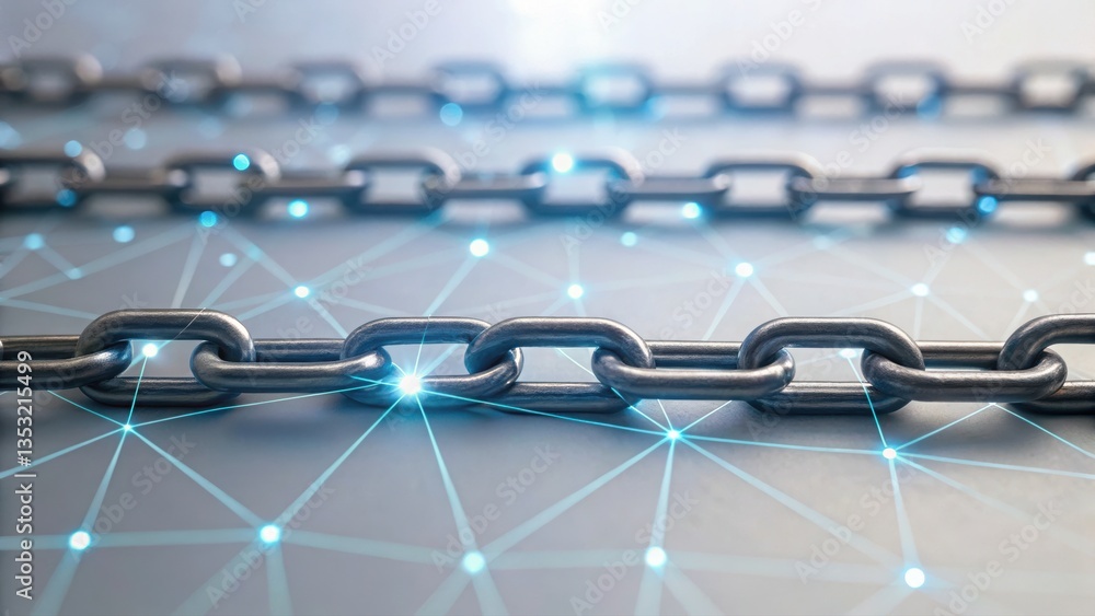 Poster chain with network of interconnected links representing the concept of blockchain technology
