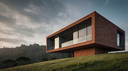 Obraz premium Modern Brick House with Minimalist Small Portuguese Exterior, Diverse Natural Settings, Vibrant Accents, and Realistic Details (AI-generated)
