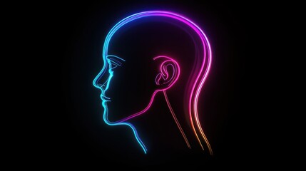 Neon Profile of a Head in Profile view; Abstract digital art of a human head, with colorful neon lines on a black background