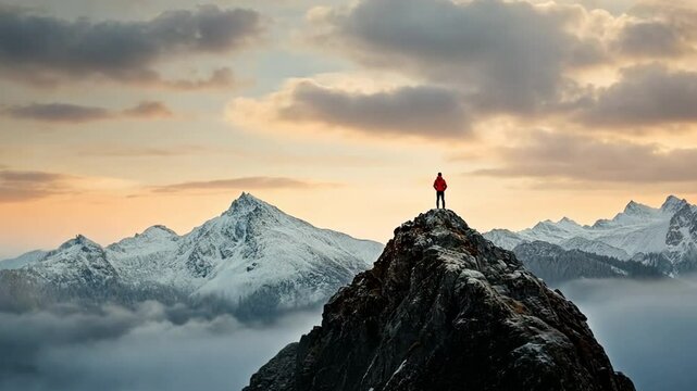 Summit Serenity: A solitary figure stands atop a majestic mountain peak, enveloped by a breathtaking panoramic vista of snow-capped ranges, and a sea of clouds under a beautiful sky.