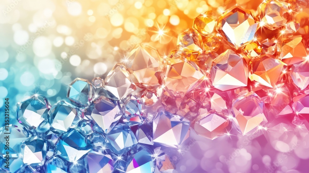 Poster colorful sparkling crystals with a gradient background, reflecting light and creating a vibrant atmo