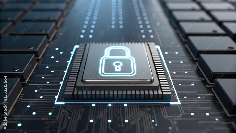 Poster computer chip secured with a padlock symbolizing advanced ai-powered smart contract automation