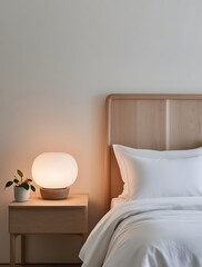 Minimalist bedroom interior with wooden furniture, soft white bedding, glowing bedside lamp, and a potted plant, creating a serene and cozy atmosphere for rest and relaxation
