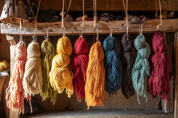 Vibrant yarn bundles hang from wooden shelf showcasing natural dyeing techniques in craft workshop