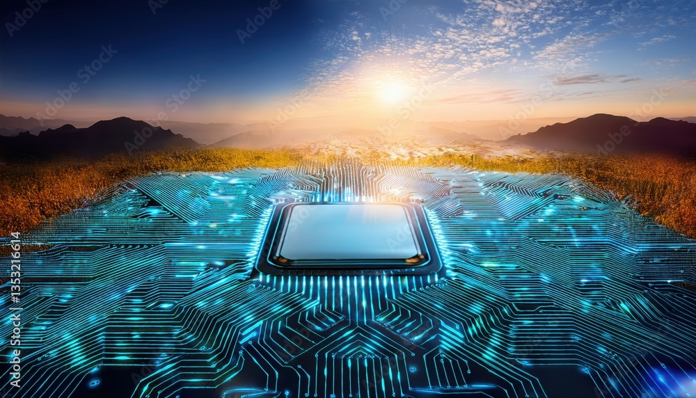 Poster modern smartphone resting on a circuit board with self-powered nanotech features and technology