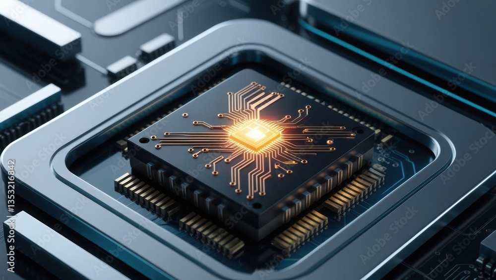 Poster high-tech cpu chip showcasing glowing molecular circuits embedded in a tiny processor design