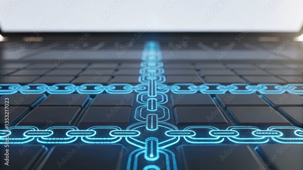 Poster laptop with a blue glowing chain on the keyboard representing smart contract execution