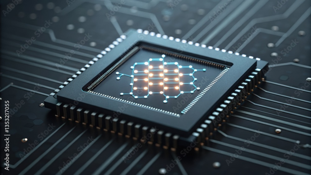 Poster close-up of a micro processor in a futuristic setting highlighting advanced nanotechnology