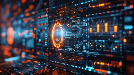 Fototapeta premium Abstract visualization of AI driven risk assessment models calculating financial exposure regulatory compliance and investment security symbolizing predictive risk analytics