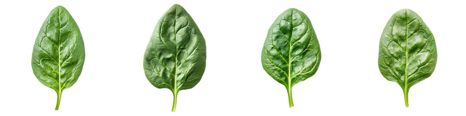 Fototapeta premium Four vivid green spinach leaves show detailed vein patterns and fresh textures