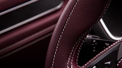 Close-up of Burgundy Nappa Leather Steering Wheel with Detailed Stitching