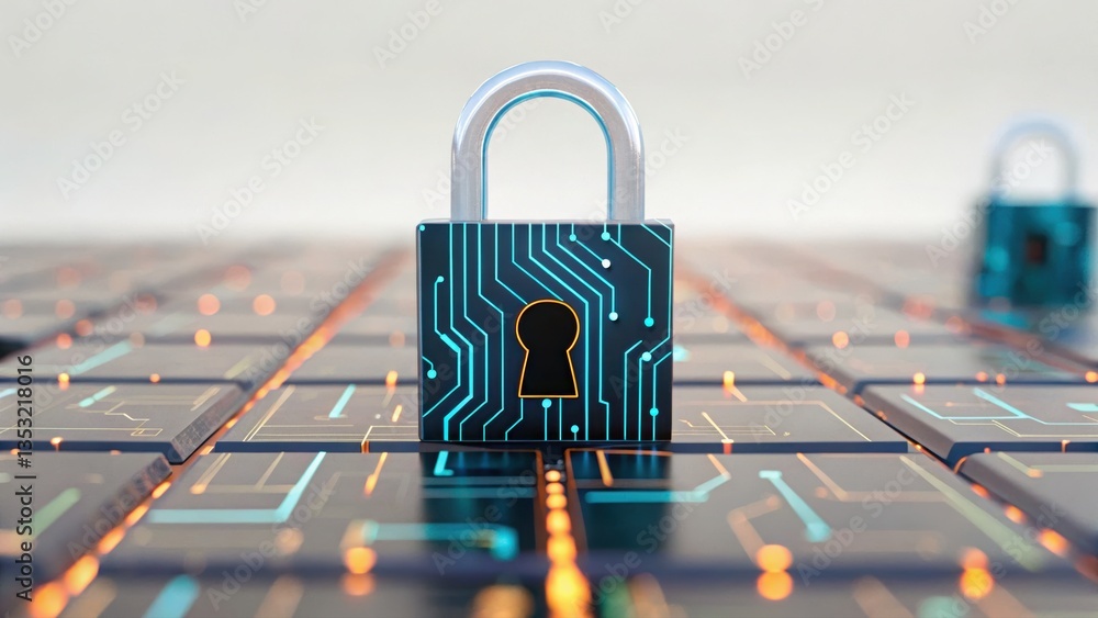 Poster secure virtual smart contract processing with a padlock symbolizing cybersecurity and data protectio
