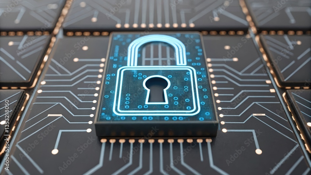 Poster cybersecurity emphasized by a padlock on a circuit board illustrating secure smart contract processi