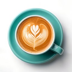 Heart Latte Art in Turquoise Mug – Overhead View of Artisanal Coffee