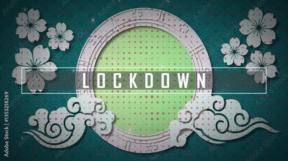 Poster animation of floral and cloud designs on patterned background with lockdown text