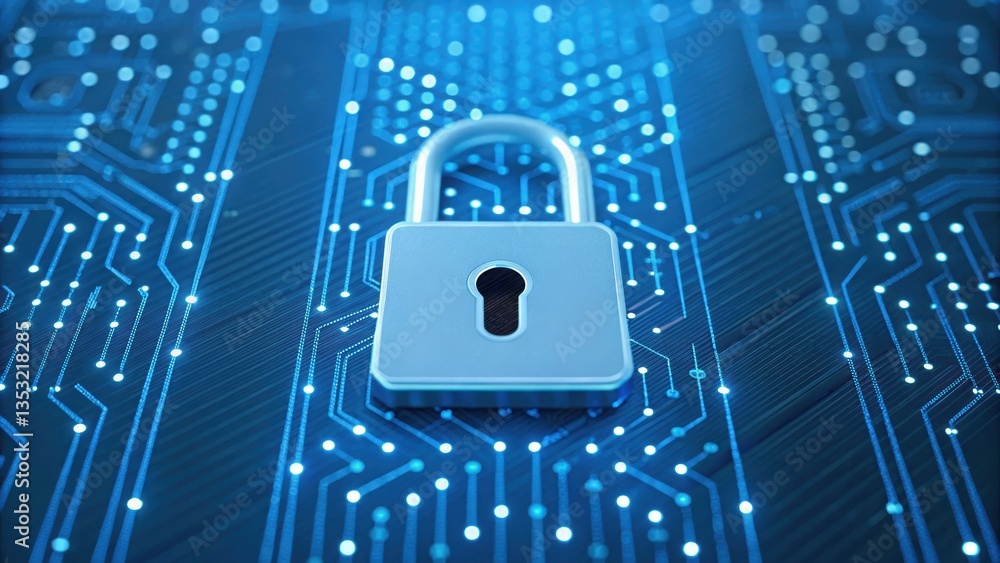 Poster secure padlock on circuit board symbolizing smart contract security and encrypted data streams