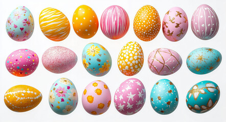 Obraz premium A vibrant collection of decorated eggs perfect for Easter celebrations, spring-themed events, or festive décor, showcasing joyful pastel colors.