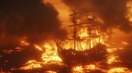 Fototapeta premium Fiery Pirate Shipwreck at Sea