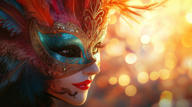 mysterious venetian mask with vibrant feathers and glittery, bright blurred bokeh lights in background