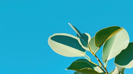 Lush green leaves against a vibrant blue sky