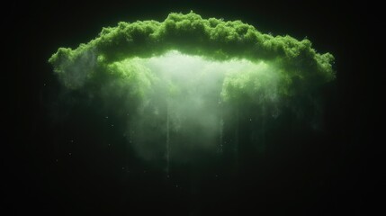 Green cloud formation, ethereal and mystical.  A luminous center emanates from a swirling, textured cloud.  The effect is otherworldly, suggesting a powerful energy source, or a portal