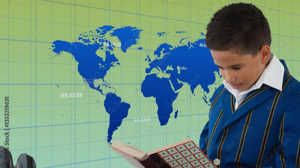 Poster in school, boy in uniform reading book with world map and coordinates