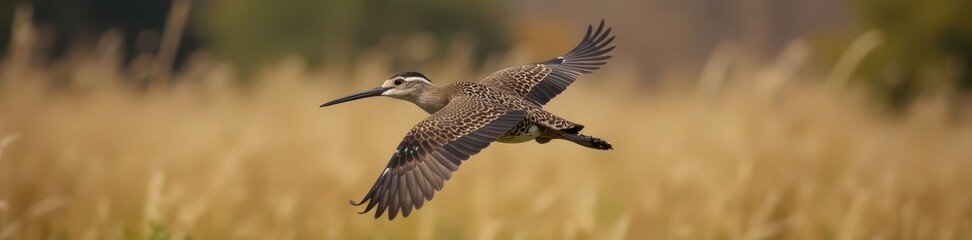 Obraz premium Common Snipe in flight, showing mottled plumage, water, gallinago gallinago flight, long bill