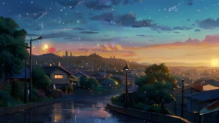 ゲーム背景　雨上りの夕暮れ坂道と街の全景を見下ろす風景