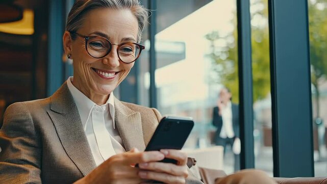 Senior woman smiles while using smartphone in modern cafe with large windows during daylight