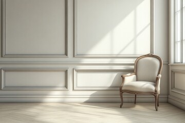 Classic chair sits in a bright room with paneled walls