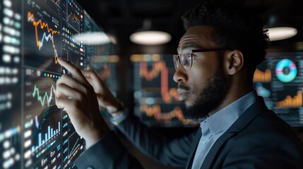 Financial analyst in a modern office evaluating interest coverage ratios on an interactive touchscreen with EBIT and interest expense highlighted in contrasting colors